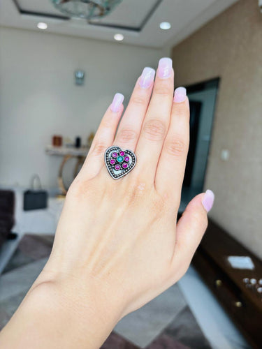 Ruby Heart Oxidised Silver Ring